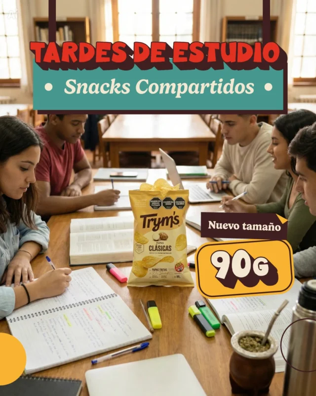 Las tardes de estudio tienen sus reglas: apuntes abiertos, mates que van y vienen… y algo para picar en el medio.

Por eso la nueva línea ""Las de siempre"" viene en tamaño 90g, perfectas para cuando el snack se comparte entre varios.

Más papas. Más crunch. Más momentos juntos.

¿Sos team estudiar en grupo o estudiar solo en silencio? 📚🥔

#Tryms #SnackTime #MasCrunch